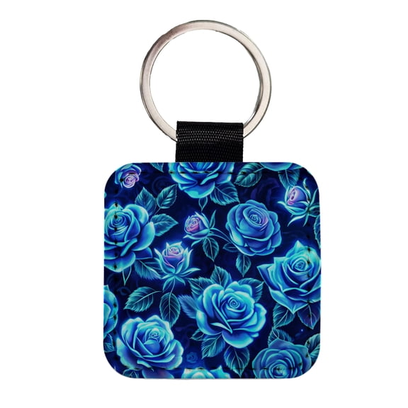 Blue Neon Rose Floral Pattern Faux Leather Square Keychain