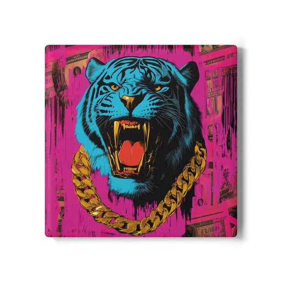 Blue Neon Tiger Coaster Street Art Hip Hop Coaster Gold Chain Home Decor Wall Art, Modern Wall Decor, 16x16 UNFRAMED