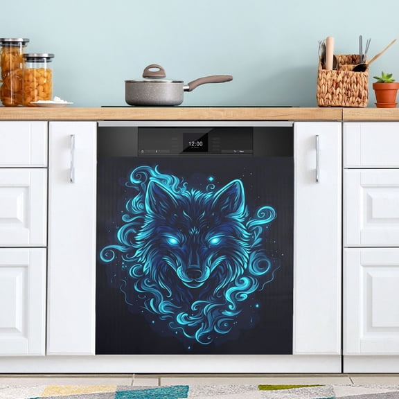 Blue Neon Wolf Face Dishwasher Magnet Refrigerator Magnetic Cover Washing Machine Magnet Sticker Kitchen Decor
