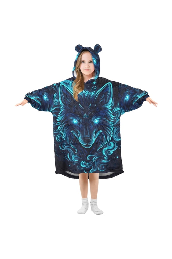 Blue Neon Wolf Face Flannel Wearable Blankets Hooded Design Long Sleeves Wrap Unisex for 3T-14Y S