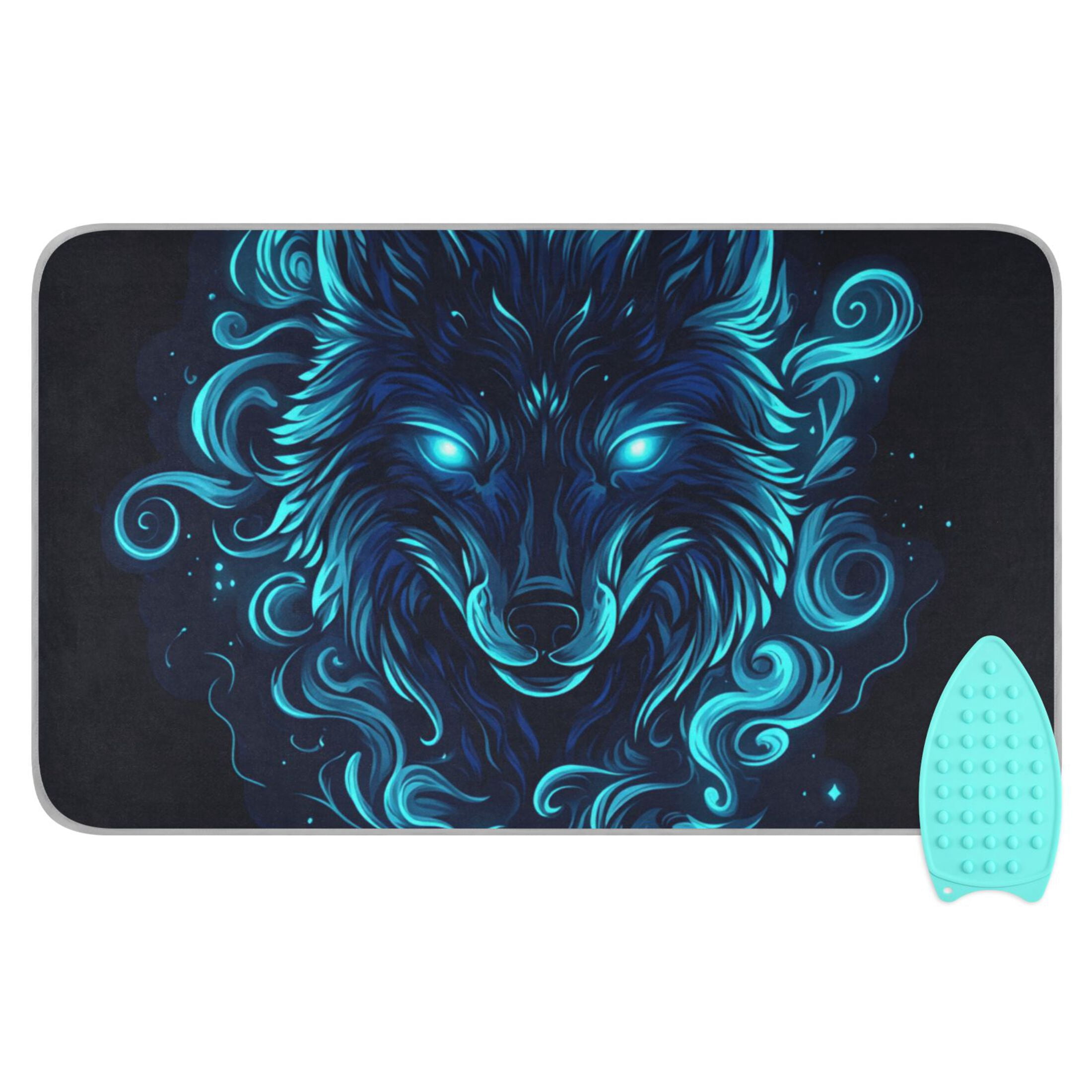 Blue Neon Wolf Face Ironing Mat Blanket Portable Travel Ironing Pad Heat Resistant Pad 47.2" x 27.6”