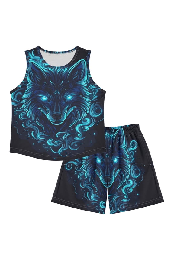Blue Neon Wolf Face Pajamas Set Sleeveless Sleepwear Tank Tops with Shorts Loose Fit Lounge Wear Unisex 4Y