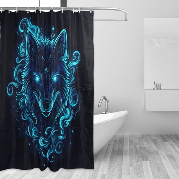 Blue Neon Wolf Face Shower Curtains with 12 Hooks Waterproof Bathroom Decor 66" x 72"