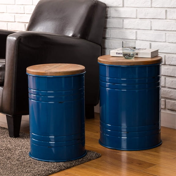Blue Nesting Drum End Tables Set of 2 with Removable Wood Lid
