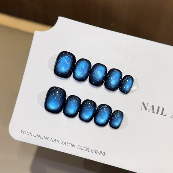 [Blue Night] Autumn and Winter Solid Color Glass Beads Cat's Eye ins Wind Handmade Wear Nail Short Nail Patch Fake Nails