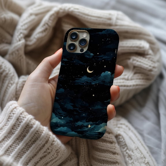 Blue Night Moon Phone Case For iPhone Samsung Durable Hard Shell Dark Starry Clouds Design Gift