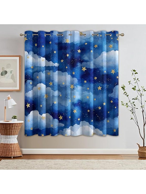 Blue Night Sky Curtains for Living Room, Cloud Star Blackout Curtains for Bedroom - Kids Boys Girls Cartoon Decor Window Treatments -38"W x 45"L(Pack of 2)
