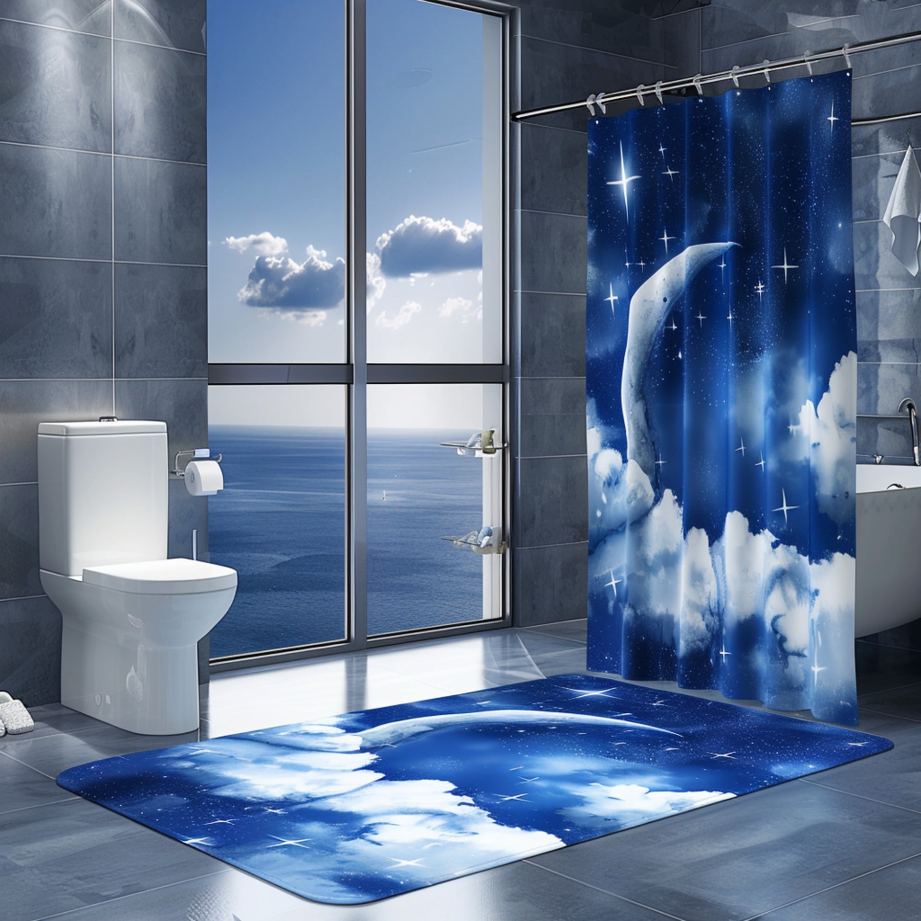 Blue Night Sky Moon Shower Curtain Clouds and Stars Design Fits