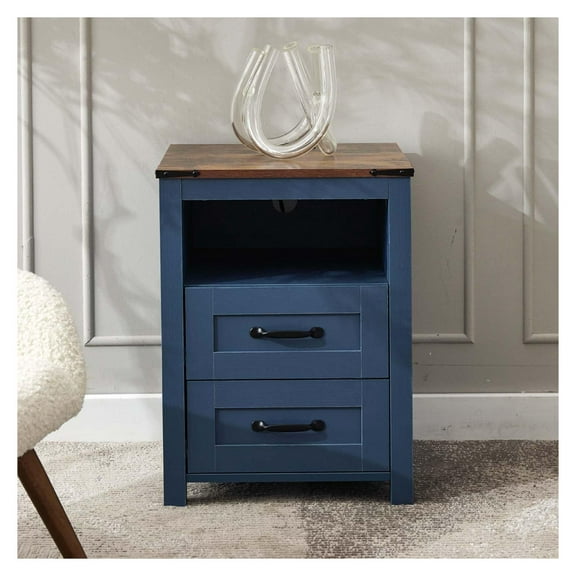 Blue Night Stand, Rustic End Table with Charging Station, Farmhouse Tall Nightstand for Bedroom, Drawer Dresser Bedside Table with Open Storage Shelf 1pc with Charging