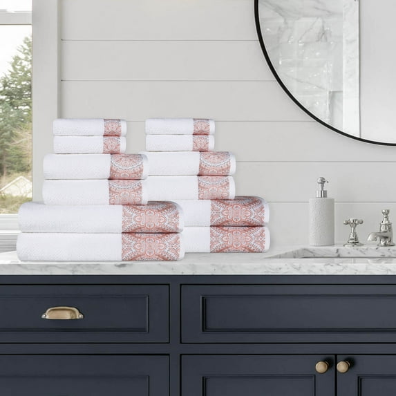 Blue Nile Mills Medallion Turkish Cotton 12 Piece Towel Set, White/ Emberglow