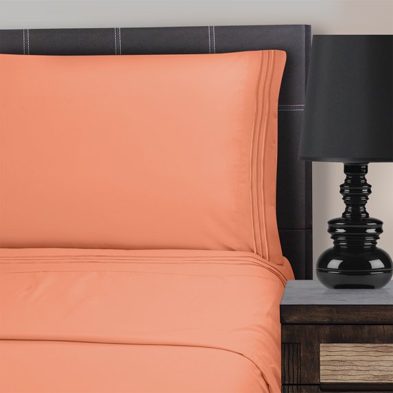 Blue Nile Mills Solid 3-Line Embroidery Wrinkle-Free Microfiber Sheet Set, Full Sheet, Coral