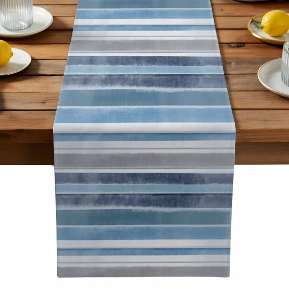 Blue Nordic Style Stripes Cotton Linen Table Runner for Dining Kitchen, Blue Gray Texture Wedding Outdoor Party Tablerunners Decoration, Dresser Scarf Coffee Tablecloth Runners 13x36 Inches