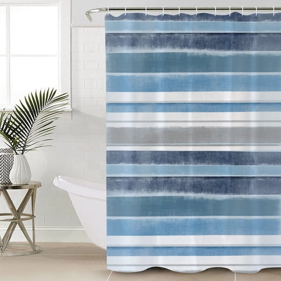 Blue Nordic Style Stripes Shower Curtain Set, Waterproof Shower Curtains for Bathroom, Blue Gray Texture Washable Fabric Cloth Bath Curtain for Bathtub Decoration with Hooks 66x72 Inches