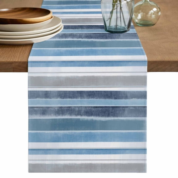 Blue Nordic Style Stripes Table Runner 70 Inches Long, Blue Gray Texture Cotton Linen Table Runners Dresser Scarves, Decorative Fabric Tabletop Scarf Furniture Cover for Home Dinner Party 13"x70"