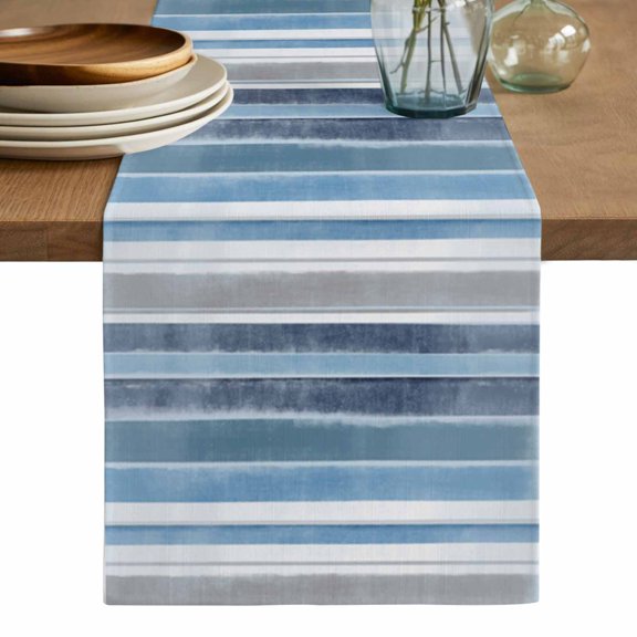 Blue Nordic Style Stripes Table Runner, Blue Gray Texture Washable Cotton Linen Table Runners 36 Inches Long, Dresser Scarf Runner for Nightstand/End Tables/Round Tables 13''x36''