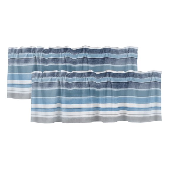 Blue Nordic Style Stripes Valances for Windows, Light Filtering Kitchen Curtain Valances 2 Panels, Blue Gray Texture Rod Pocket Short Window Treatments for Living Room Bedroom 42"Wx12"L