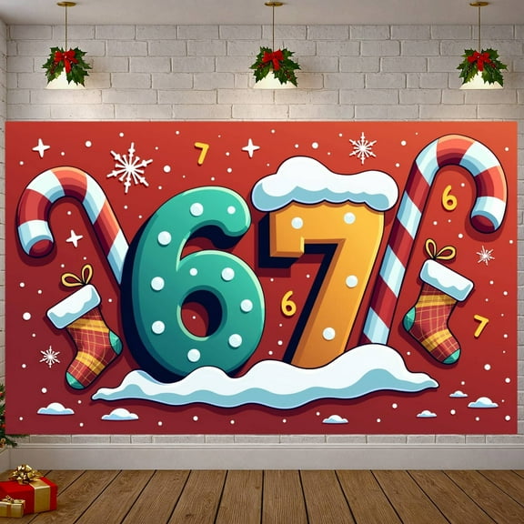 Blue Numbers 67th Display Candy Cane Christmas Backdrop Snowy Design Star Decor Holiday Banner for Christmas Party 67th Anniversary Winter Celebration