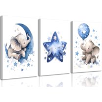 Blue Nursery Elephant Canvas WallBaby Boy Wall Decor Cute Animal Painting Pictures Moon And Stars Balloon Poster Prints for Nursery Classroom Kids Room Bedroom Home Decoration