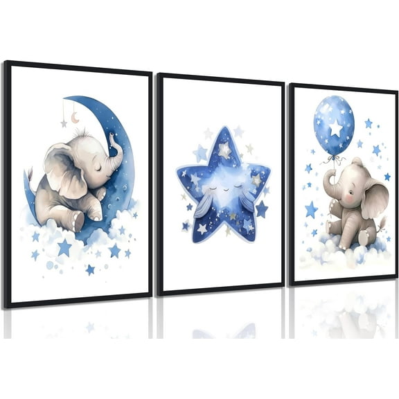 Blue Nursery Elephant Canvas WallBaby Boy Wall Decor Cute Animal Painting Pictures Moon And Stars Balloon Poster Prints for Nursery Classroom Kids Room Bedroom Home Decoration