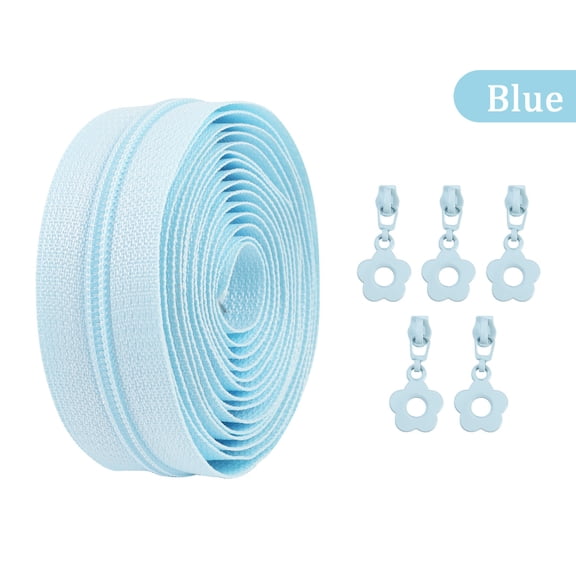 Blue Nylon Zipper with 5Pcs Flower Pulls, Color Zipper Tape for Sewing, Crafts, Clothing, Bags, DIY Projects, Durable & Smooth Zippers Replacement Kit(78.74in)