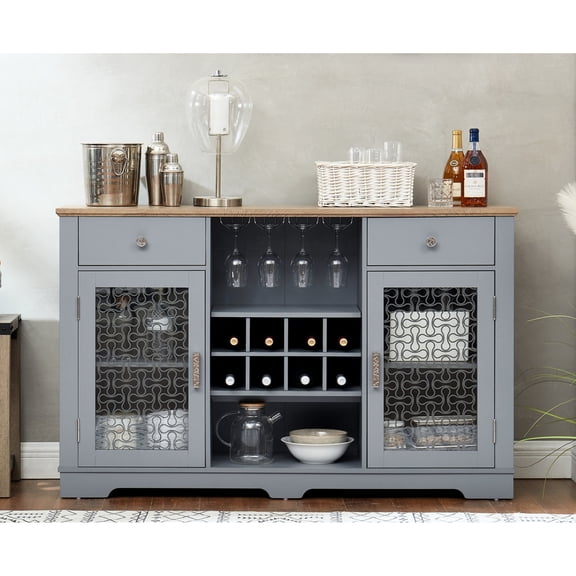 Blue And Oak Buffet Cabinet With Entryway Function Wine Storage, 2 Drawers, For Kitchen, Dining Room Modern Sideboard Buffet, Rack, Glass Door Cabinets, Kitchen Room,