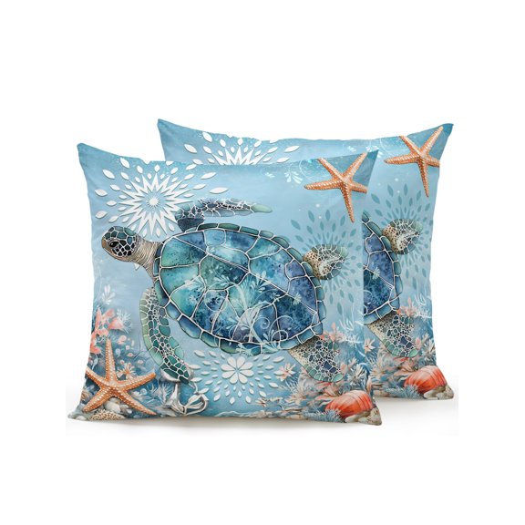 Blue Ocean 16x16 Inch Outdoor Throw Pillows with Inserts, Set of 2 Sea Turtle Waterproof Decorative Square Cushions for Patio Porch Couch Sofa