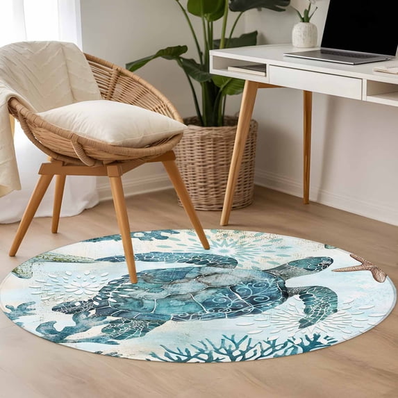 Circle Turtle Rug Blue Ocean 3.3ft Round Rug for Bedroom Reading Corner, Sea Turtle ...