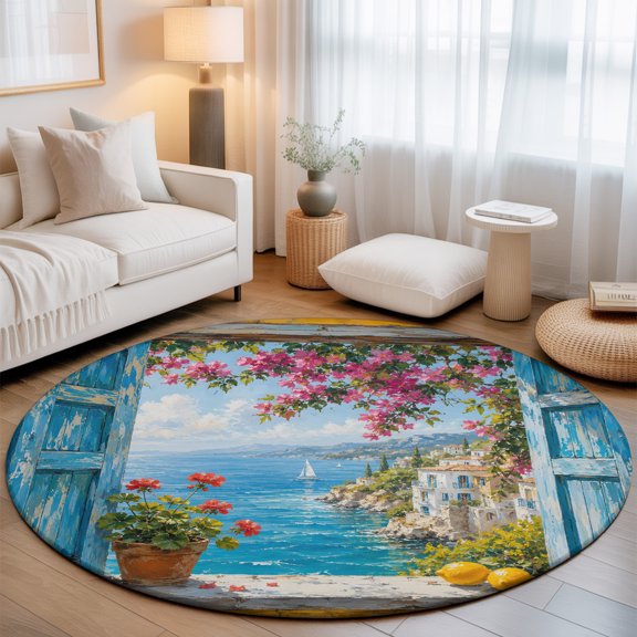 Blue Ocean 3' Round Rug for Bathroom Accent Bedside Corner, Coastal Open Window Sailing Boats Floral Vines Landscape Washable Non Slip Soft Circle Area Rug for Small Spaces Entryway