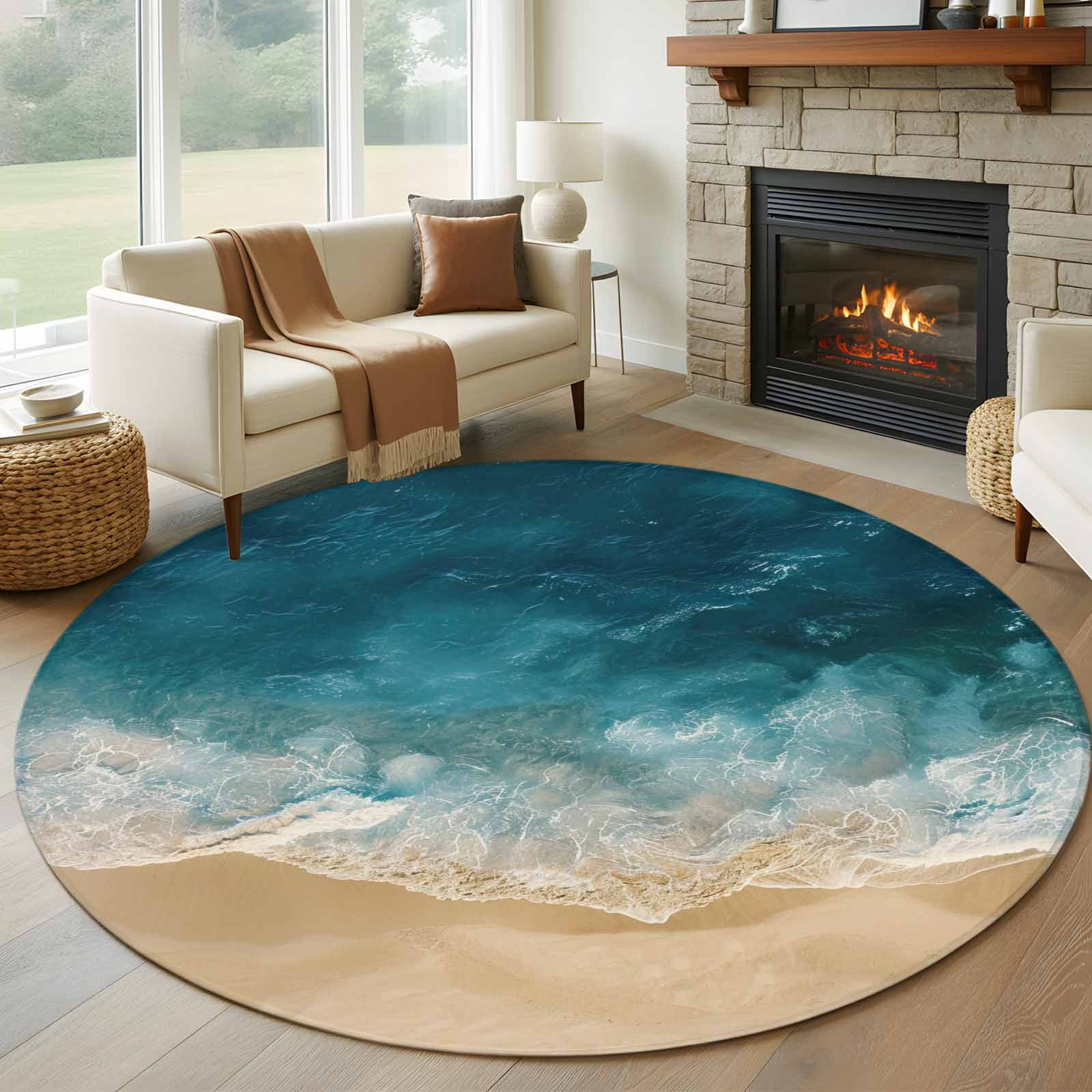 Blue Ocean 5FT Round Area Rugs for Living Room Beach Wave Pattern Ultra ...