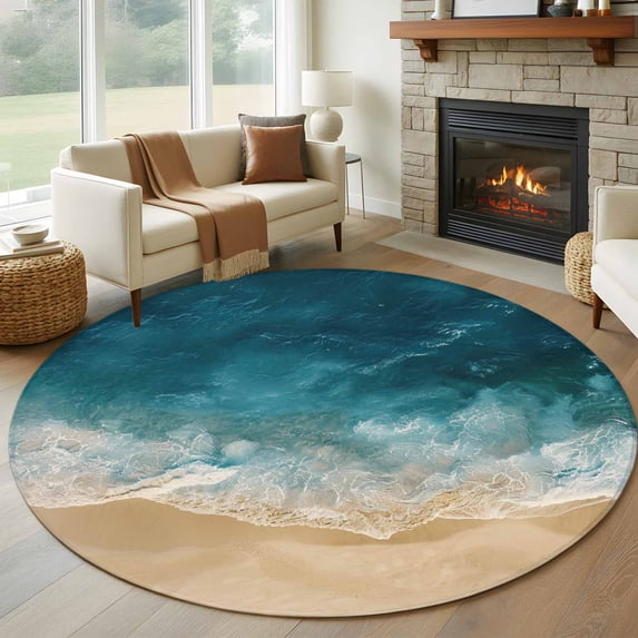 Blue Ocean 7FT Round Area Rugs for Living Room Beach Wave Pattern Ultra ...