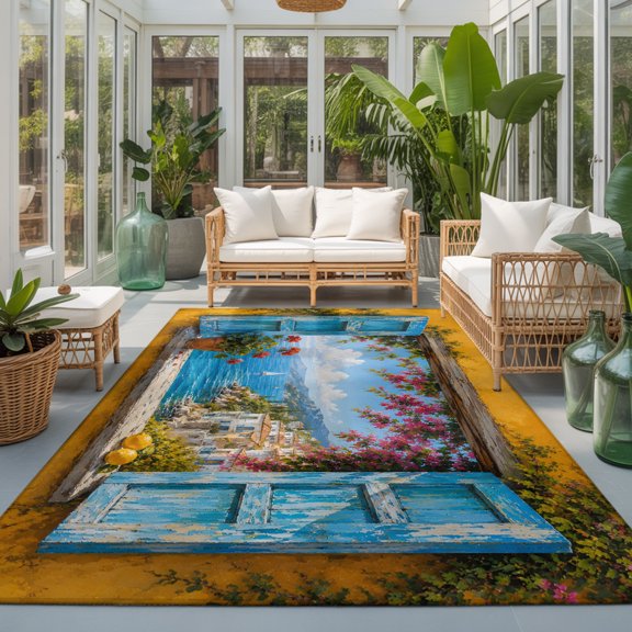 Blue Ocean 9'x12' Area Rugs for Living Room Sectional Sofa, Coastal Open Window Sailing Boats Floral Vines Landscape Washable Sturdy Non Slip Soft Sturdy Rectangle Home Area Rug