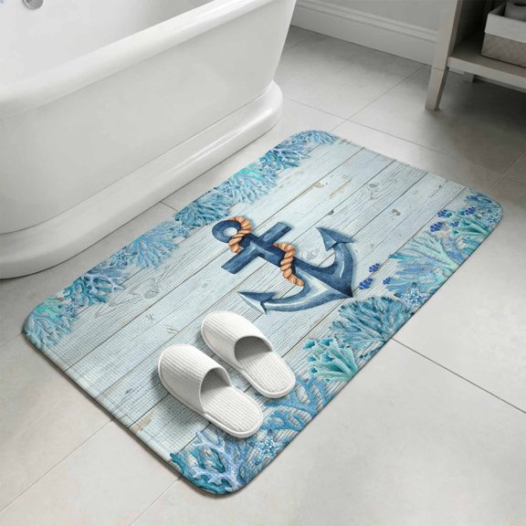 Blue Ocean Anchor Washable Area Rugs for Living Room Bedroom, Large Non Slip Indoor Floor Carpet Absorbent Vintage Coastal Sea Coral Fish Wooden Plank Door Mat Rugs for Bathroom Entryway 47.2"x63"