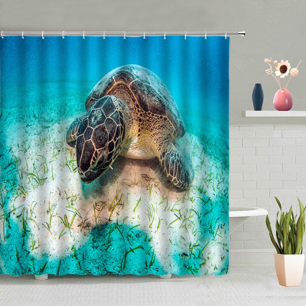 Blue Ocean Animal Shower Curtain Aquarium Sea Turtle Tropical Fish Reef Stone Underwater World