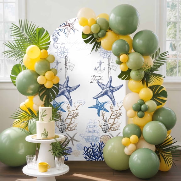 Blue Ocean Arch Backdrop Cover, 6FT, Starfish Shell Coral Vintage Nautical Theme Marine Spandex Arch Covers Double-Sided Backdrop for Wedding Birthday Party Photo Background Decoration