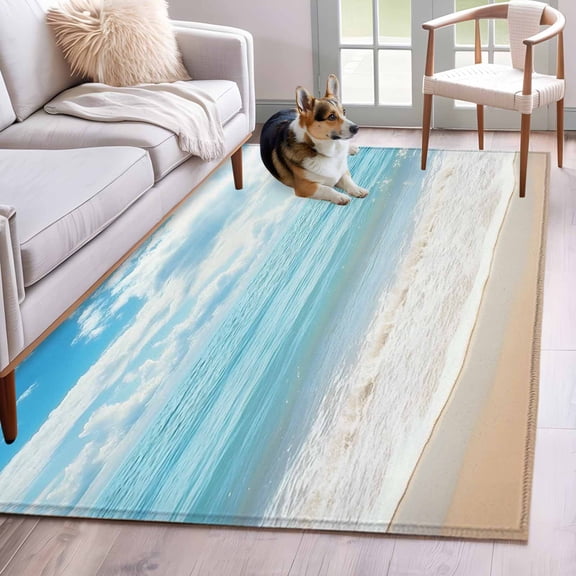 Blue Ocean Area Rug 4'x6', Non Slip Large Area Rugs for Bedroom, Coastal Sea Beach Shore Sky Waves Scenery Washable Low Pile Indoor Floor Carpet Door Mat for Living Room Kitchen Dining Room Office