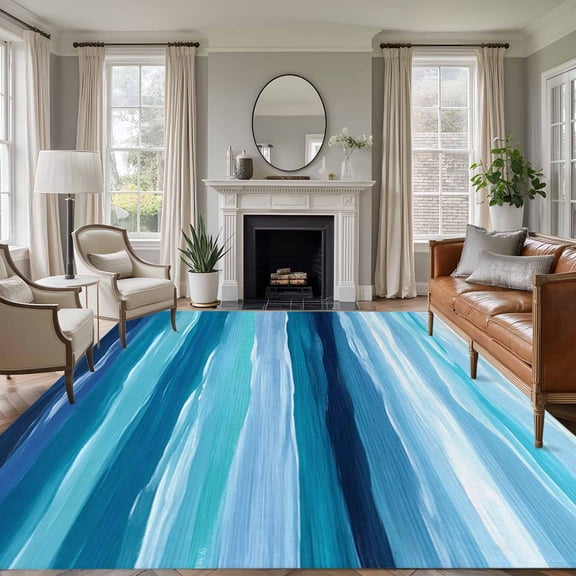 Blue Ocean Area Rug 6x9 FT, Non Slip Living Room Throw Carpet, Beach Blue Green Stripes Waves Watercolor Washable Soft Large Floor Carpet Non-Shedding Rug for Bedroom Dining Room Play Room