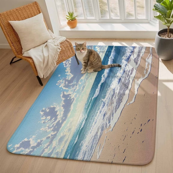 Blue Ocean Area Rugs for Living Room 5x6, Waves Beach Cloudy Sky Nature Seaside Scenery Washable Area Rug with Non Slip Backing, Stain Resist Linen Carpet for Bedroom, Dining Room, Entryway, Entrance