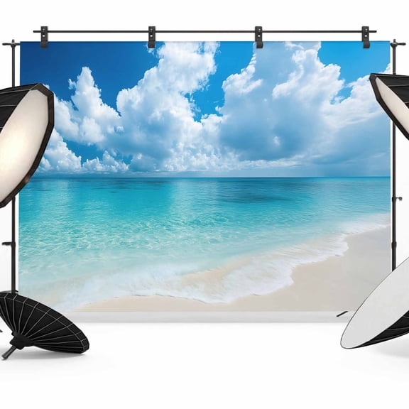Blue Ocean Backdrop for Photography, Fabric Photo Background Backdrop, Beach Coastal Nature Sky Photo Booth Background for Portrait Photoshoot Video Wedding Studio Decoration Banner 7x5ft