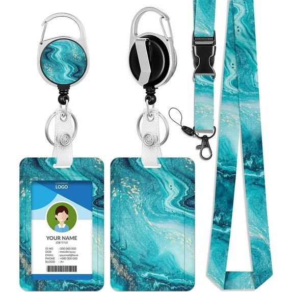 Blue Ocean Badge Holder with Neck Keychain Lanyard, Marble Lanyards for ID Badge ,Retractable Badge Reel with ID Protector Bage Clips, Cute Card Lanyards for Women Men Teacher Student Doctor Work
