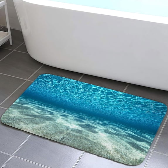 Blue Ocean Bath Mat, Nature Underwater Sea World Sand Beach Bathroom Rugs, 16X24 Inches