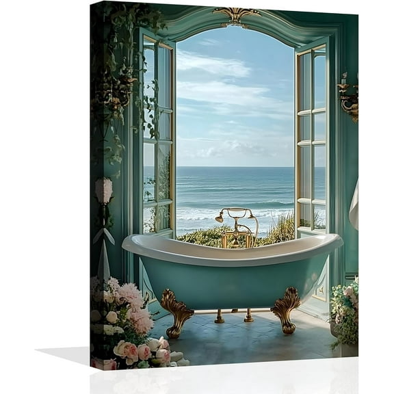 Blue Ocean Bathroom Wall Art Coastal Windows Sea View Painting Teal Bathtub Canvas Wall Art Seascape Pictures for Bathroom Vintage Bathtub Poster for Bathroom Restroom Framed 12X16 inch