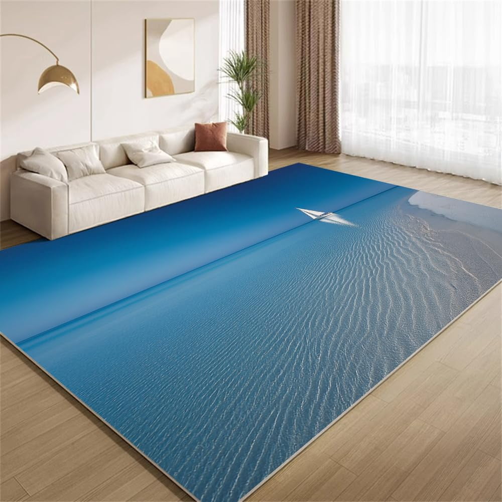 Blue Ocean Beach Area Rugs, White Sailboat Scenery Pattern Carpet ...
