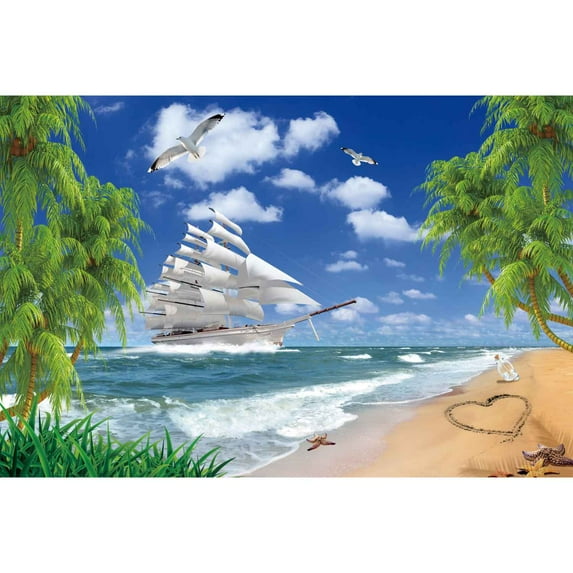 Blue Ocean Beach Backdrop Tropical Summer Photography Background Sunset Seaside Palm Tree Wave Sand Ship ration Wall