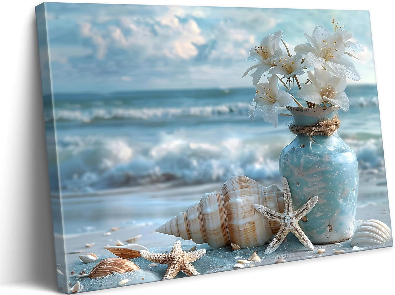 Blue Ocean Beach Bathroom Canvas Wall Art Starfish with White Flower ...