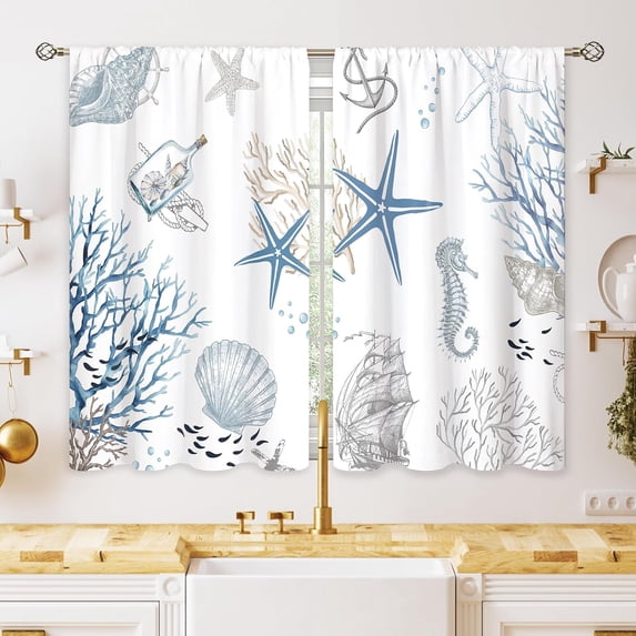 Blue Ocean Beach Kitchen Curtains Nautical Coastal Starfish Seashell Small Window Treatment Underwater Cafe Short Window Curtains for Bathroom Dining Room Blue Sea Treatment Drape 27.5x39 inch