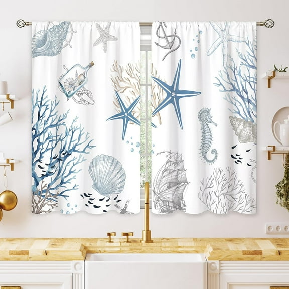 Blue Ocean Beach Kitchen Curtains Nautical Coastal Starfish Seashell Small Window Treatment Underwater Cafe Short Window Curtains for Bathroom Dining Room Blue Sea Treatment Drape 27.5x39 inch