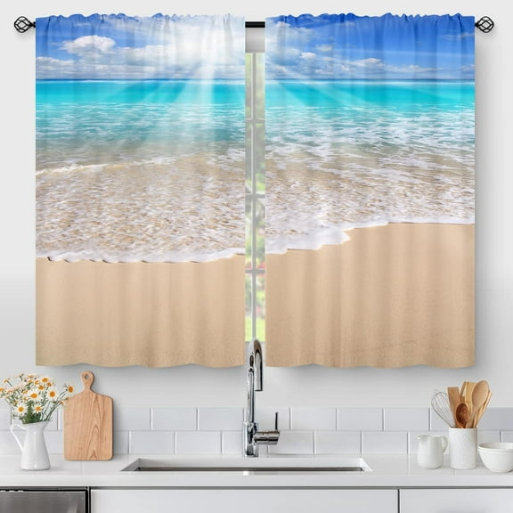 Blue Ocean Beach Kitchen Curtains, Sunlight Rustic Country Farmhouse Small Short Cafe Window Curtain Over Sink Bathroom Dining Room Decor Rod Pocket Window Drapes 2 Panels Set 36"x28" Inch