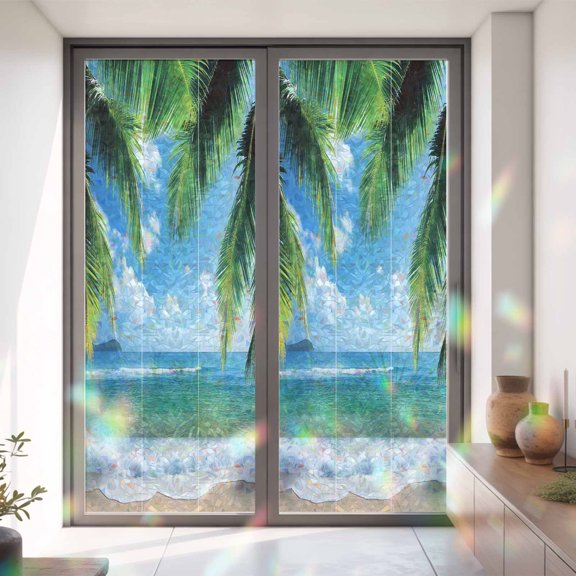 Blue Ocean Beach Sea Water Window Privacy Film,Decorative Windows Static Cling Summer Tropical Leaves Heat Control Removable Glass Sticker for Home Bathroom Bedroom Window Door,35x79in