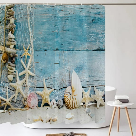 Blue Ocean Beach Shell StarShower Curtains Bathroom Curtains Waterproof Polyester Bath Curtain with 12 Shower Curtain