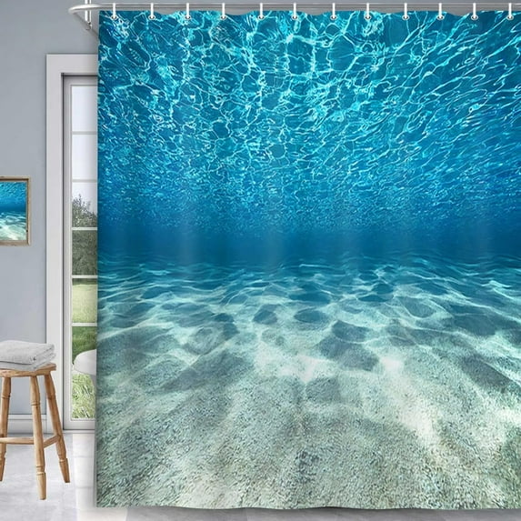 Blue Ocean Beach Shower Curtain, Nature Underwater Sea World Scene Bathroom Curtains Waterproof Fabric, 71 x 71 Inches